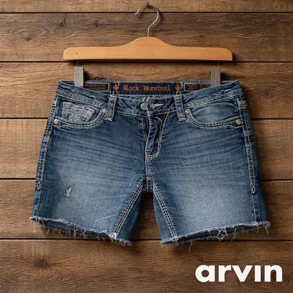 Rock Revival Pants - Rock Revival Women's Faded Blue Distressed Jean Shorts